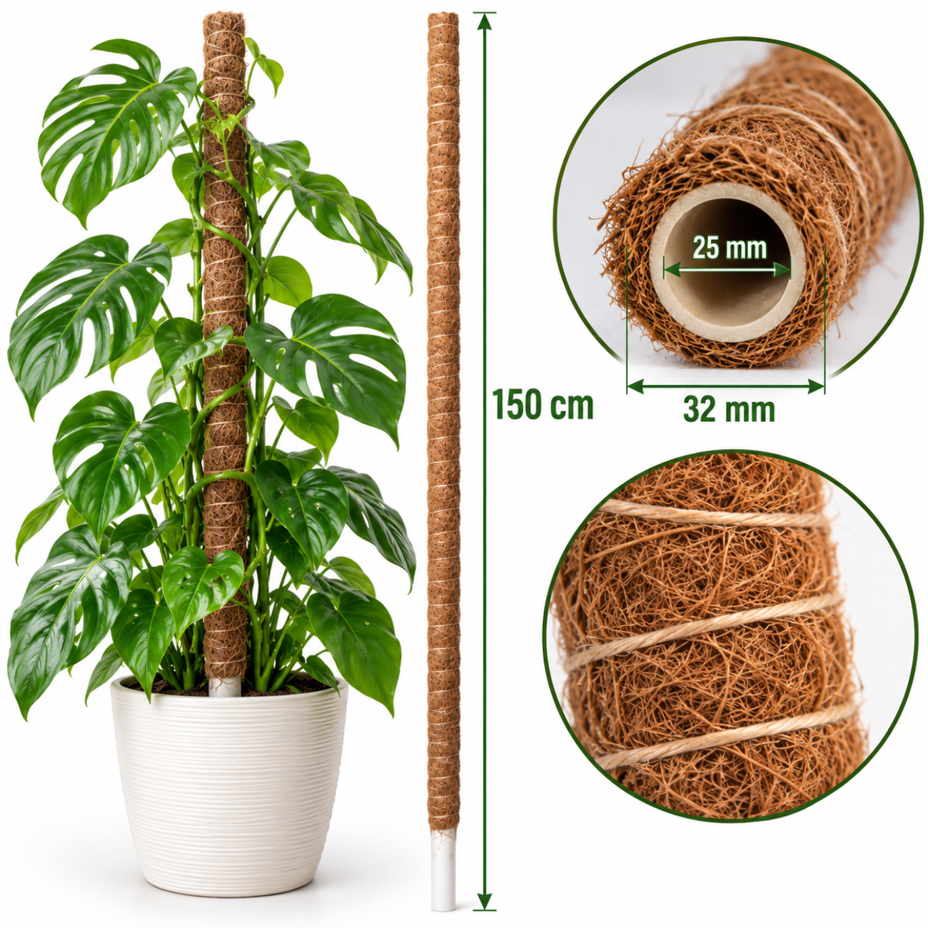 Obrázok Kokosová tyč – opora pre popínavé rastliny 150 cm × 32 mm × 25 mm